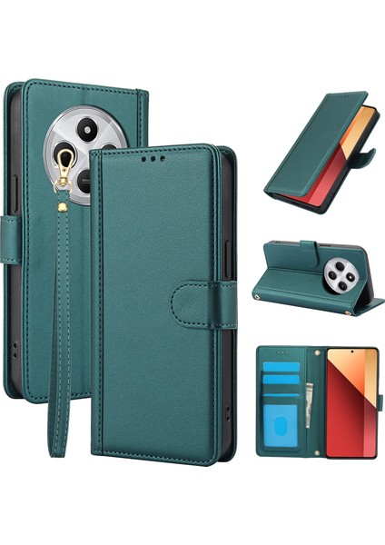 Xiaomi Poco C75 4G-Redmi 14R 5G-14C 4G Kılıf Pu Deri Görünüm Telefon Cüzdan Kapak Omuz Askısı Ile-Yeşil (Yurt Dışından)