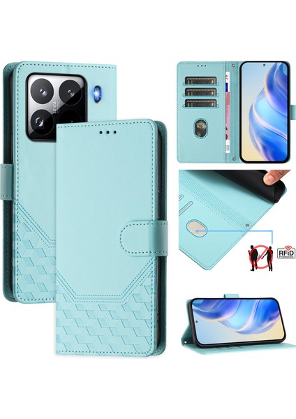 Xiaomi 15 Pro Kılıf Baskılı Petek Rfıd Engelleme Deri Telefon Kılıfı, Kayış-Nane Yeşili Için (Yurt Dışından)