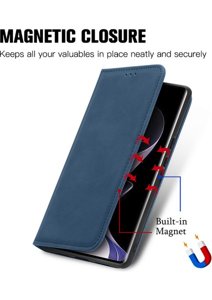 Xiaomi Redmi Için Not 14 Pro + 5G Kılıf Cilt Dokunmatik Duygu Deri Kart Tutucu Telefon Kapağı Manyetik Emme-Koyu Mavi (Yurt Dışından)
