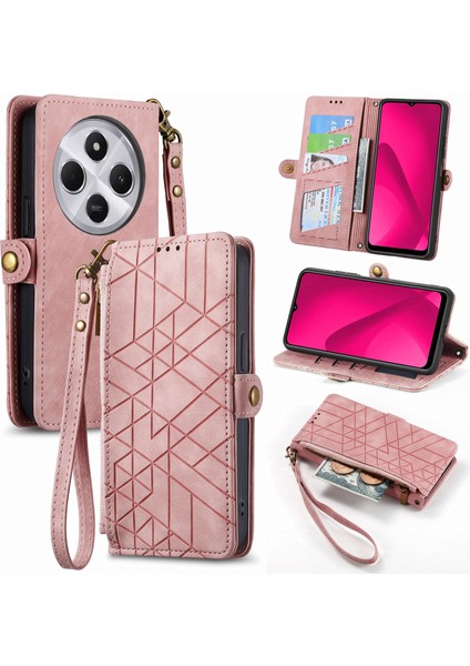 Xiaomi Redmi Için 14C 4G-14R 5G-Poco C75 4G Cüzdan Geometri Hatları Deri Telefon Kapağı-Pembe (Yurt Dışından)