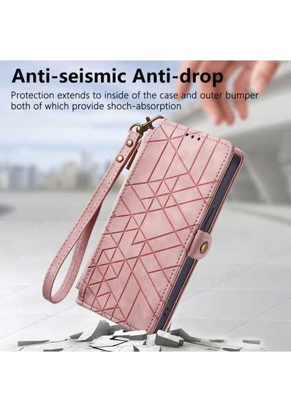 Xiaomi Redmi Için 14C 4G-14R 5G-Poco C75 4G Cüzdan Geometri Hatları Deri Telefon Kapağı-Pembe (Yurt Dışından)