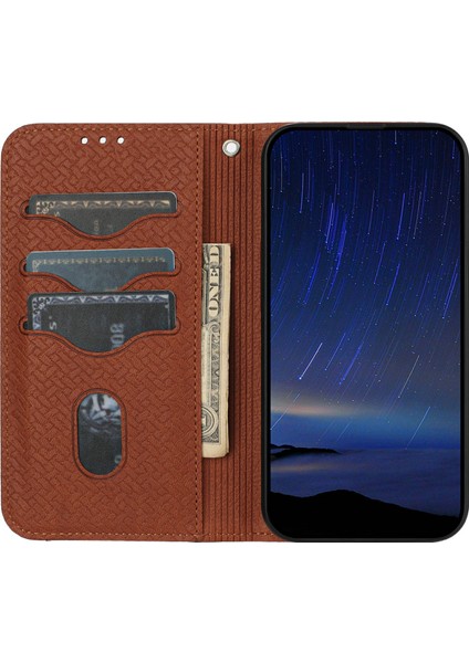 Xiaomi Redmi Note 14 Pro+ 5G Manyetik Kılıf Dokuma Doku Kart Yuvaları Kapak-Kahverengi Için (Yurt Dışından)