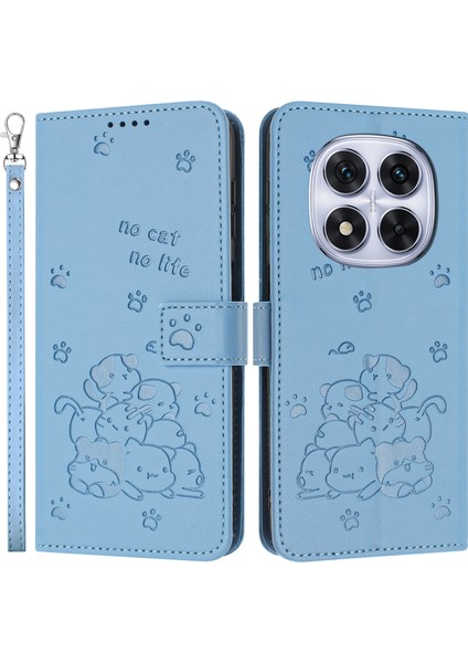 Xiaomi Redmi Note 14 Pro 5G-Note 14 Pro+ 5G Kılıf Askılı Kediler Baskı Deri Cüzdan Telefon Kapağı-Mavi (Yurt Dışından)