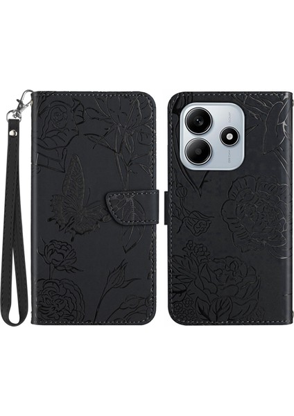 Xiaomi Redmi Note 14 5G Kılıf Askılı Deri Telefon Kılıfı, Çiçek Baskı-Siyah (Yurt Dışından)