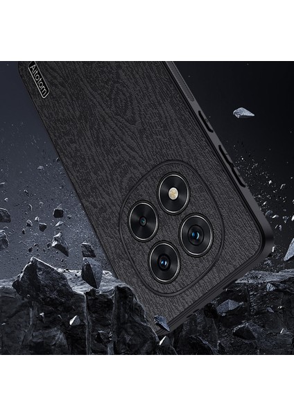 Xiaomi Redmi Note 14 Pro+ 5G Kılıf Ahşap Dokulu Pu Deri Kaplamalı Pc+Tpu Telefon Kapağı-Siyah (Yurt Dışından)