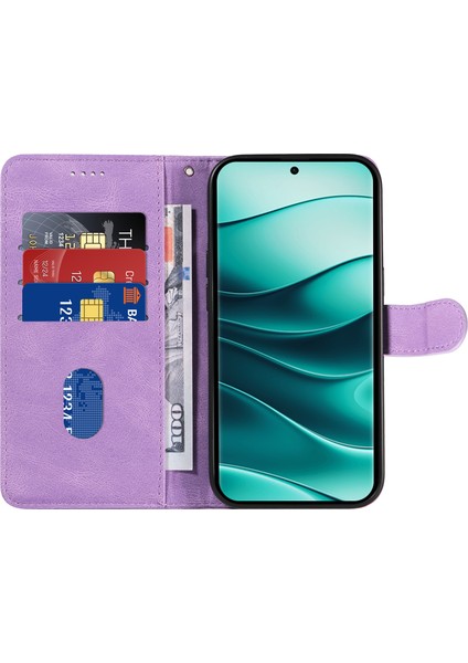 Xiaomi Redmi Için Not 14 Pro 5G-14 Pro+ 5G Kılıf Cüzdan Deri Telefon Kapağı Kavisli Çizgi Bilek Kayışı-Açık Mor (Yurt Dışından)
