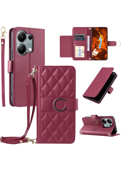 Xiaomi Poco M6 Pro 4G-Redmi Not 13 Pro 4G Crossbody Cüzdan Eşkenar Dörtgen Mobil Kapak-Kırmızı (Yurt Dışından)