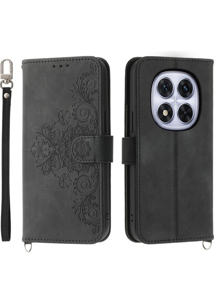 Xiaomi Redmi Note 14 Pro 5G Kılıf Çiçek Desenli Pu Deri Cüzdan Telefon Kılıfı Askılı-Siyah (Yurt Dışından)