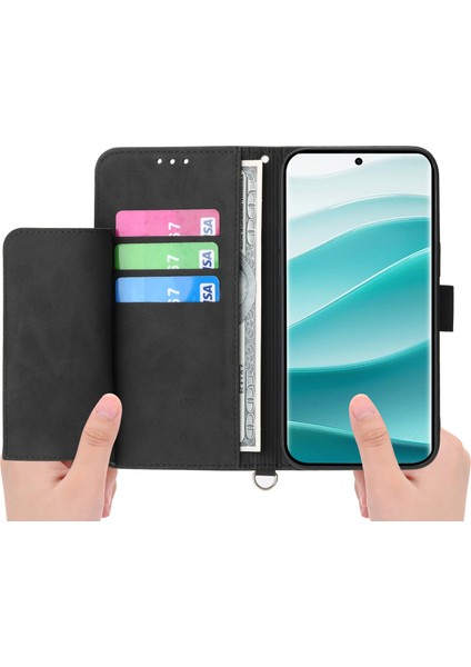 Xiaomi Redmi Note 14 Pro 5G Kılıf Çiçek Desenli Pu Deri Cüzdan Telefon Kılıfı Askılı-Siyah (Yurt Dışından)