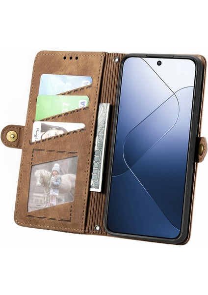 Xiaomi 14T Pro Kılıf Fermuar Cüzdan Geometri Hatları Deri Telefon Kapağı-Kahverengi (Yurt Dışından) fırsatları