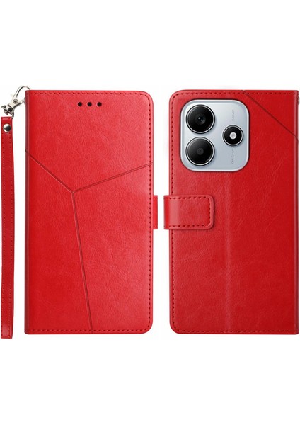 Xiaomi Redmi Note 14 5G Kılıf Y-Şekilli Çizgiler Baskı Deri Telefon Kapağı-Kırmızı (Yurt Dışından)