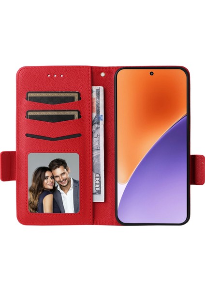 Xiaomi 15 Pro Kılıf Litchi Doku Pu Deri Cüzdan Kapaklı Telefon Kapağı-Kırmızı (Yurt Dışından)