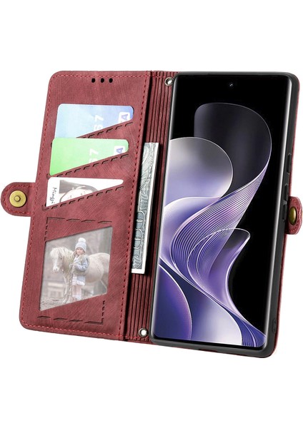 Xiaomi Redmi Note 14 Pro+ 5G Kılıf Fermuar Cüzdan Geometri Çizgileri Deri Telefon Kapağı-Kırmızı (Yurt Dışından) modelleri