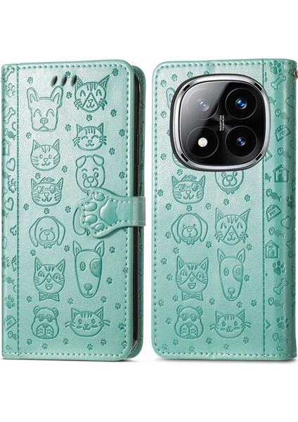 Xiaomi Redmi Note 14 Pro 5G Kılıf Deri Cüzdan Çevirme Telefon Kapağı Sevimli Kedi Köpek Desen-Yeşil (Yurt Dışından)