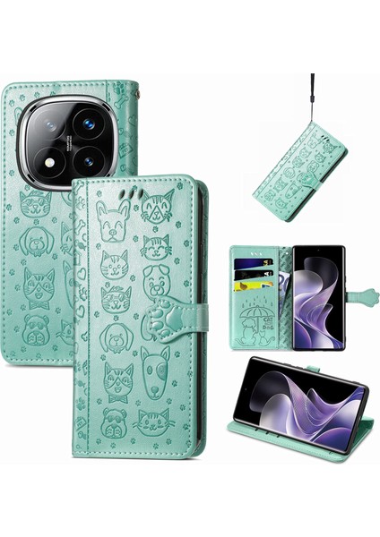 Xiaomi Redmi Note 14 Pro 5G Kılıf Deri Cüzdan Çevirme Telefon Kapağı Sevimli Kedi Köpek Desen-Yeşil (Yurt Dışından) fırsatları