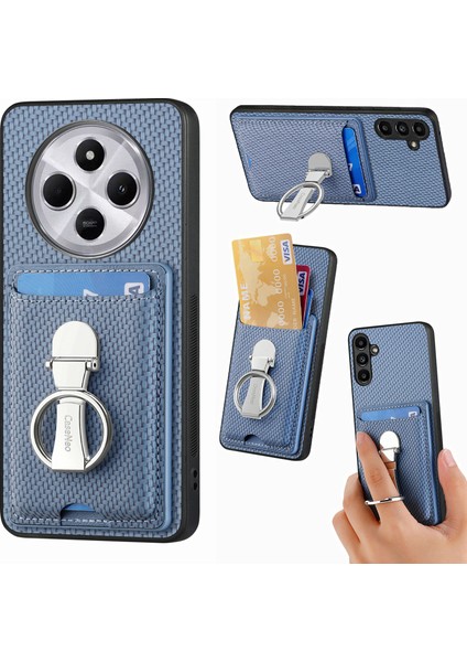 Telefon Kılıfı Xiaomi Redmi 14C 4G-14R 5G-Poco C75 4G Karbon Fiber Doku Deri Arka Kapak Kart Yuvaları İle Stand-Mavi (Yurt Dışından)