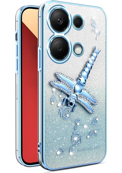Xiaomi Redmi Için Not 13 Pro 4G-Poco M6 Pro 4G Kılıf Dragonfly Tpu Çiçekler Glitter Telefon Kapağı-Mavi (Yurt Dışından)
