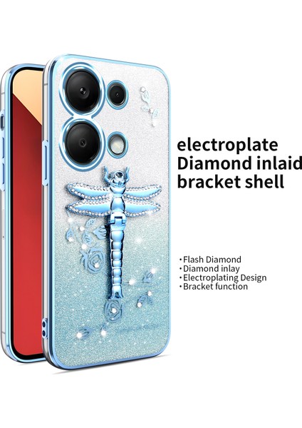 Xiaomi Redmi Için Not 13 Pro 4G-Poco M6 Pro 4G Kılıf Dragonfly Tpu Çiçekler Glitter Telefon Kapağı-Mavi (Yurt Dışından)