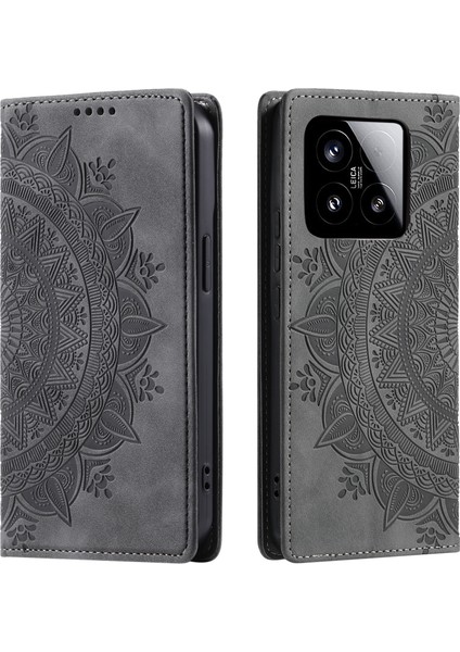 Xiaomi 15 Kılıf Mandala Desenli Manyetik Kapanış Deri Telefon Kapağı-Gri (Yurt Dışından)