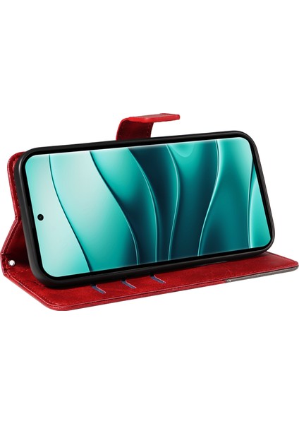 Xiaomi Redmi Için Not 14 Pro 5G-Note 14 Pro+ 5G Kılıf Deri Geometrik Çizgi Cüzdan Telefon Kılıfı Bilek Kayışı Ile-Kırmızı (Yurt Dışından) modelleri