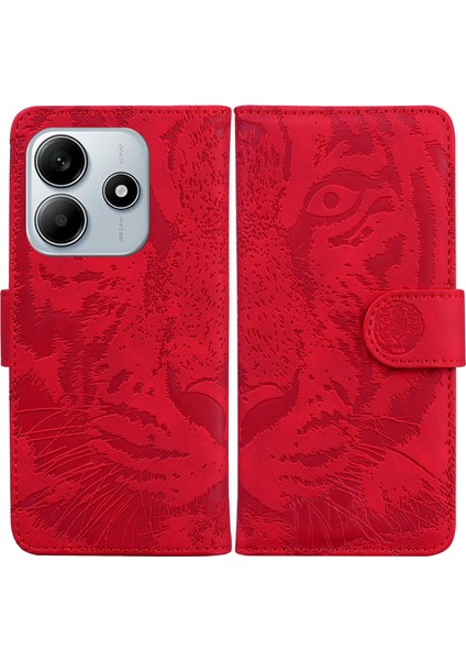 Xiaomi Redmi Note 14 5G-14 4G Kılıf Tiger Baskı Deri Cüzdan Telefon Kapağı-Kırmızı (Yurt Dışından)
