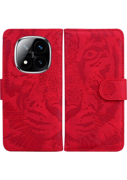 Xiaomi Redmi Note 14 Pro 5G Kılıf Tiger Baskı Deri Cüzdan Telefon Kapağı-Kırmızı (Yurt Dışından)