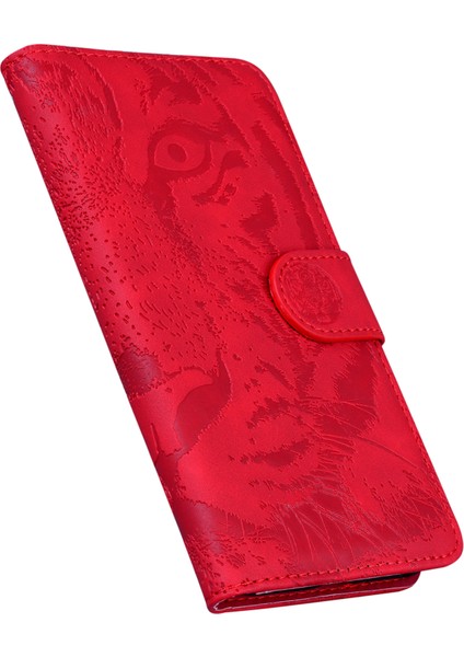 Xiaomi Redmi Note 14 Pro 5G Kılıf Tiger Baskı Deri Cüzdan Telefon Kapağı-Kırmızı (Yurt Dışından)