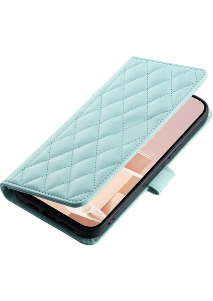 Xiaomi Redmi Için Note 14 Pro+ 5G-Note 14 Pro 5G Cüzdan Kılıf Eşkenar Dörtgen Izgara Pu Deri Telefon Kapağı-Nane Yeşili (Yurt Dışından)