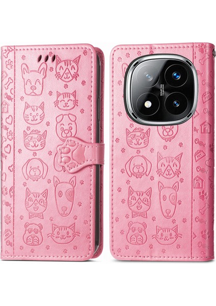 Xiaomi Redmi Note 14 Pro 5G Kılıf Deri Cüzdan Flip Telefon Kapağı Sevimli Kedi Köpek Desen-Pembe (Yurt Dışından)