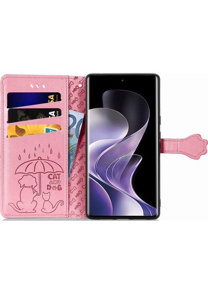 Xiaomi Redmi Note 14 Pro 5G Kılıf Deri Cüzdan Flip Telefon Kapağı Sevimli Kedi Köpek Desen-Pembe (Yurt Dışından)