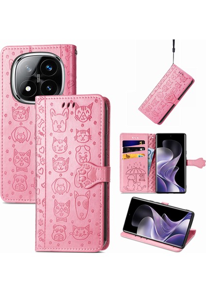 Xiaomi Redmi Note 14 Pro 5G Kılıf Deri Cüzdan Flip Telefon Kapağı Sevimli Kedi Köpek Desen-Pembe (Yurt Dışından)