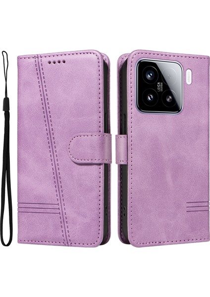 Xiaomi 15 Kılıf Kapaklı Cüzdan T-Şekil Hatları Deri Telefon Kapağı-Açık Mor (Yurt Dışından)