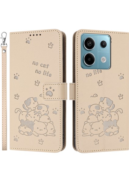 Xiaomi Redmi Note 13 5G-Note 13 5G (Çin) Kılıf Askılı Kediler Baskı Deri Cüzdan Telefon Kapağı-Bej (Yurt Dışından)