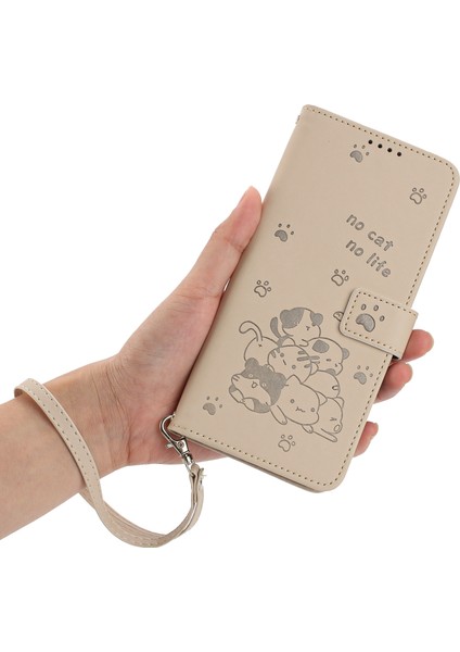 Xiaomi Redmi Note 13 5G-Note 13 5G (Çin) Kılıf Askılı Kediler Baskı Deri Cüzdan Telefon Kapağı-Bej (Yurt Dışından)
