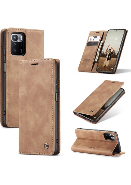 Xiaomi Poco X3 Gt-Xiaomi Redmi Not 10 Pro 5G (Çin) Kılıf Caseme 013 Serisi Kart Tutucu Deri Telefon Kapağı-Kahverengi (Yurt Dışından)