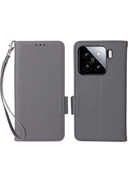 Xiaomi 15 Pro Kılıf Litchi Doku Pu Deri Cüzdan Çevirmeli Telefon Kapağı-Gri (Yurt Dışından)