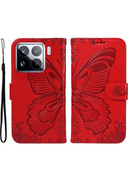 Xiaomi 15 Pro Kılıf Desenli Deri Cüzdan Kapaklı Telefon Kapağı-Kırmızı (Yurt Dışından)