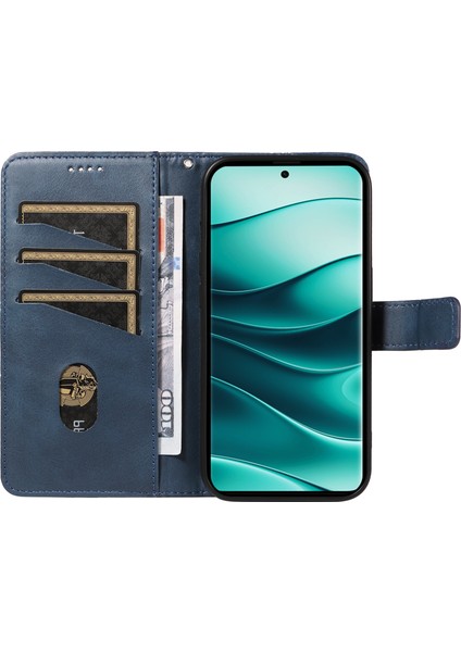 Xiaomi Redmi Için Not 14 Pro 5G-Note 14 Pro+ 5G Kılıf Deri Geometrik Çizgi Cüzdan Telefon Kılıfı Bilek Kayışı Ile-Mavi (Yurt Dışından)