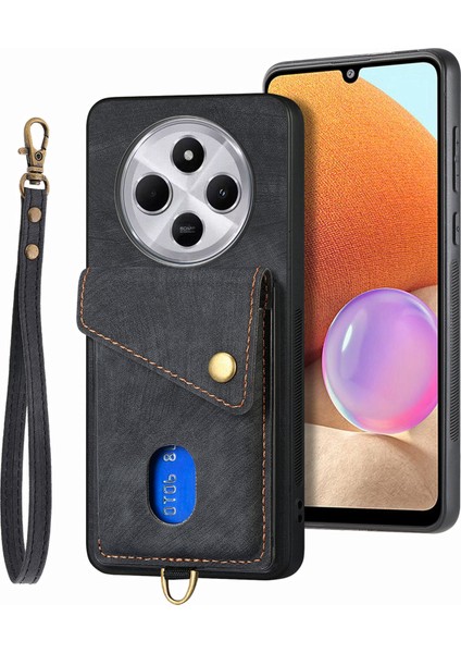 Xiaomi Redmi 14C 4G-14R 5G-Poco C75 4G Deri+Tpu Arka Kapak, Kart Yuvalı Stand-Siyah Telefon Kılıfı (Yurt Dışından)
