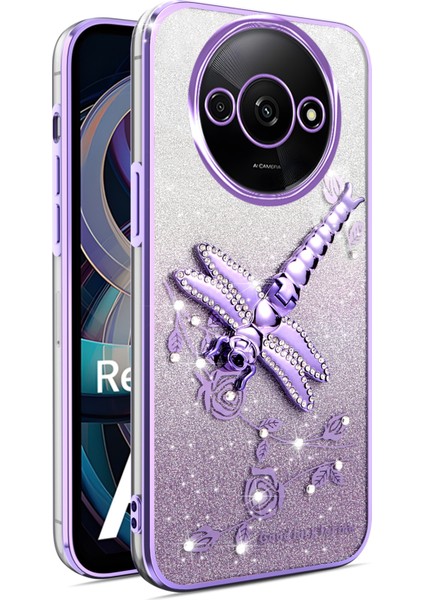 Xiaomi Redmi A3 4G-A3X 4G-Poco C61 4G Dragonfly Tpu Çiçekler Glitter Telefon Kapağı-Mor (Yurt Dışından)