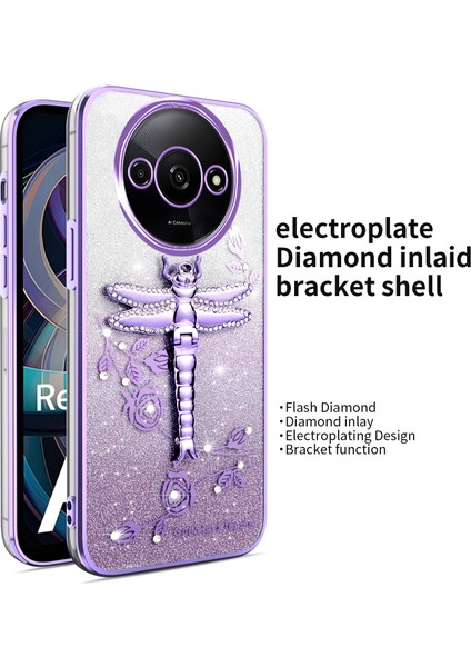 Xiaomi Redmi A3 4G-A3X 4G-Poco C61 4G Dragonfly Tpu Çiçekler Glitter Telefon Kapağı-Mor (Yurt Dışından)