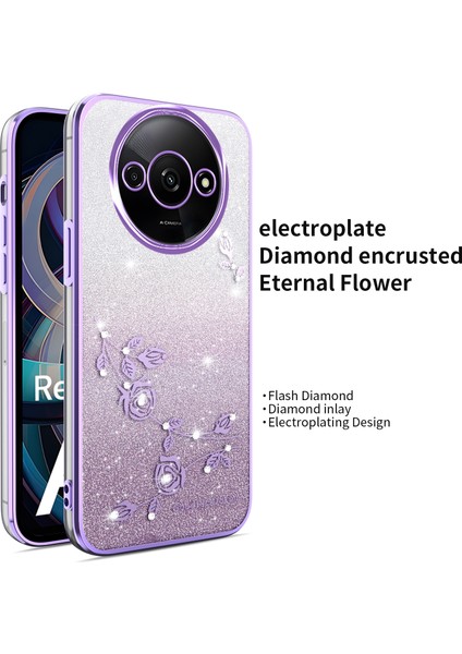 Xiaomi Redmi A3 4G-A3X 4G-Poco C61 4G Dragonfly Tpu Çiçekler Glitter Telefon Kapağı-Mor (Yurt Dışından)