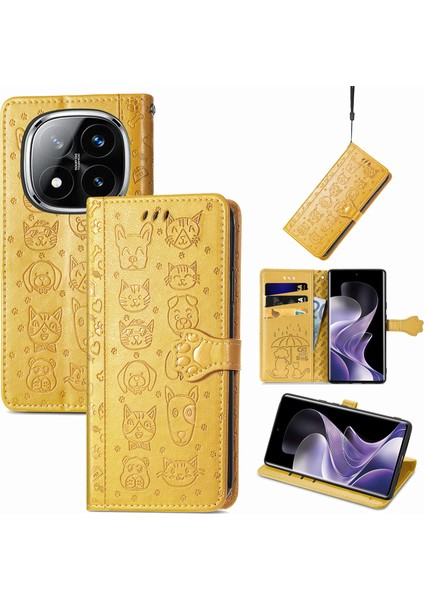 Xiaomi Redmi Note 14 Pro 5G Kılıf Deri Cüzdan Çevirme Telefon Kapağı Sevimli Kedi Köpek Desen-Sarı (Yurt Dışından)