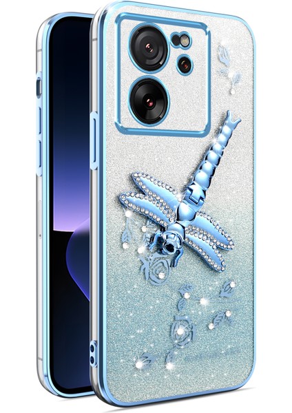 Xiaomi 13T-13T Pro Kılıf Dragonfly Tpu Çiçekler Glitter Telefon Kapağı-Mavi Için (Yurt Dışından)