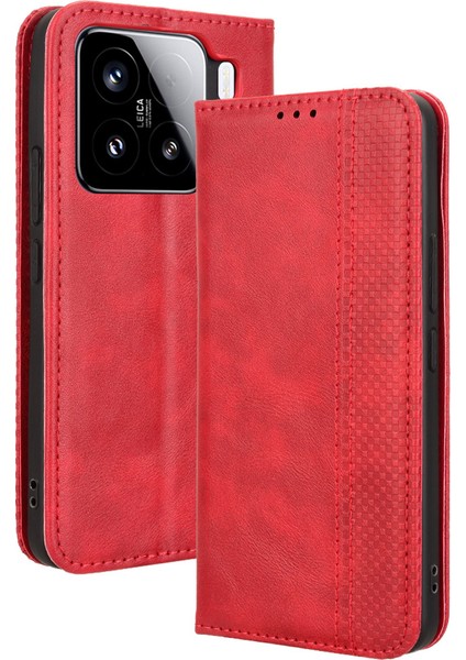 Xiaomi 15 Cüzdan Retro Dokulu Telefon Kapağı-Kırmızı (Yurt Dışından)