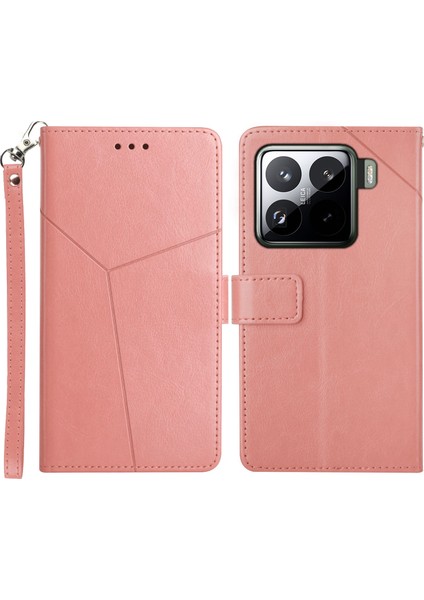 Xiaomi 15 Kılıf Y-Şekilli Çizgiler Baskı Deri Telefon Kapağı-Pembe (Yurt Dışından)