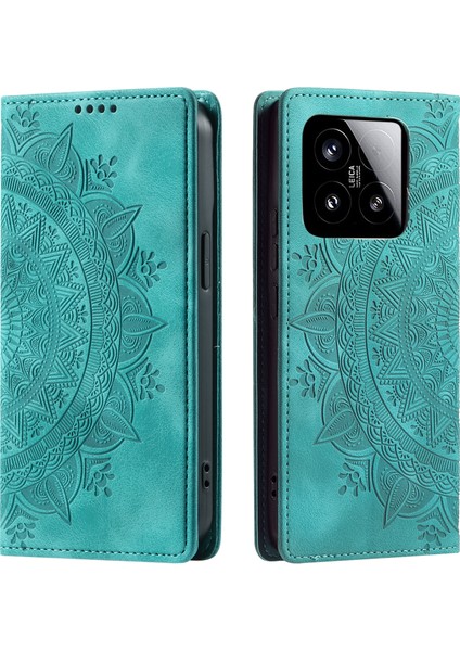 Xiaomi 15 Kılıf Mandala Desenli Manyetik Kapanış Deri Telefon Kapağı-Nane Yeşili (Yurt Dışından)