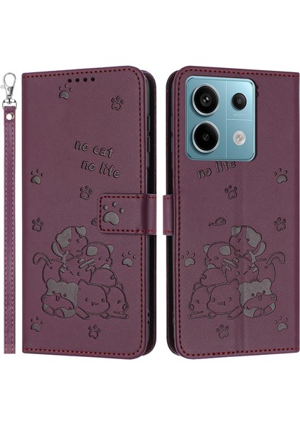 Xiaomi Redmi Note 13 5G-Note 13 5G (Çin) Kılıf Askılı Kediler Baskı Deri Cüzdan Telefon Kapağı-Şarap Kırmızısı (Yurt Dışından)