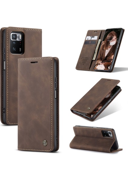 Xiaomi Poco X3 Gt-Xiaomi Redmi Not 10 Pro 5G (Çin) Kılıf Caseme 013 Serisi Kart Tutucu Deri Telefon Kapağı-Kahve (Yurt Dışından)