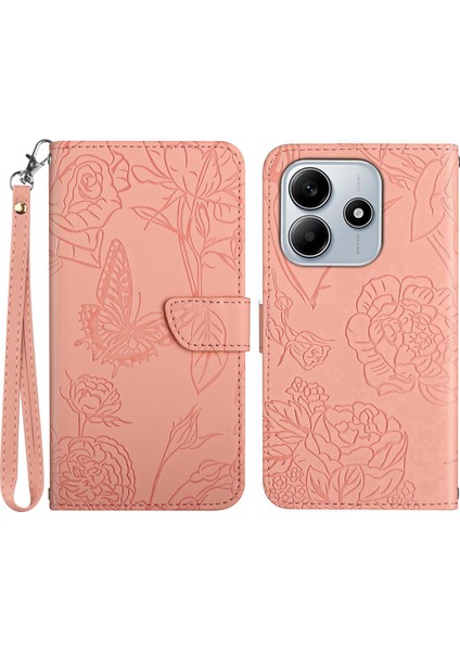 Xiaomi Redmi Note 14 5G Kılıf Askılı Deri Telefon Kılıfı, Çiçek Baskı-Pembe (Yurt Dışından)